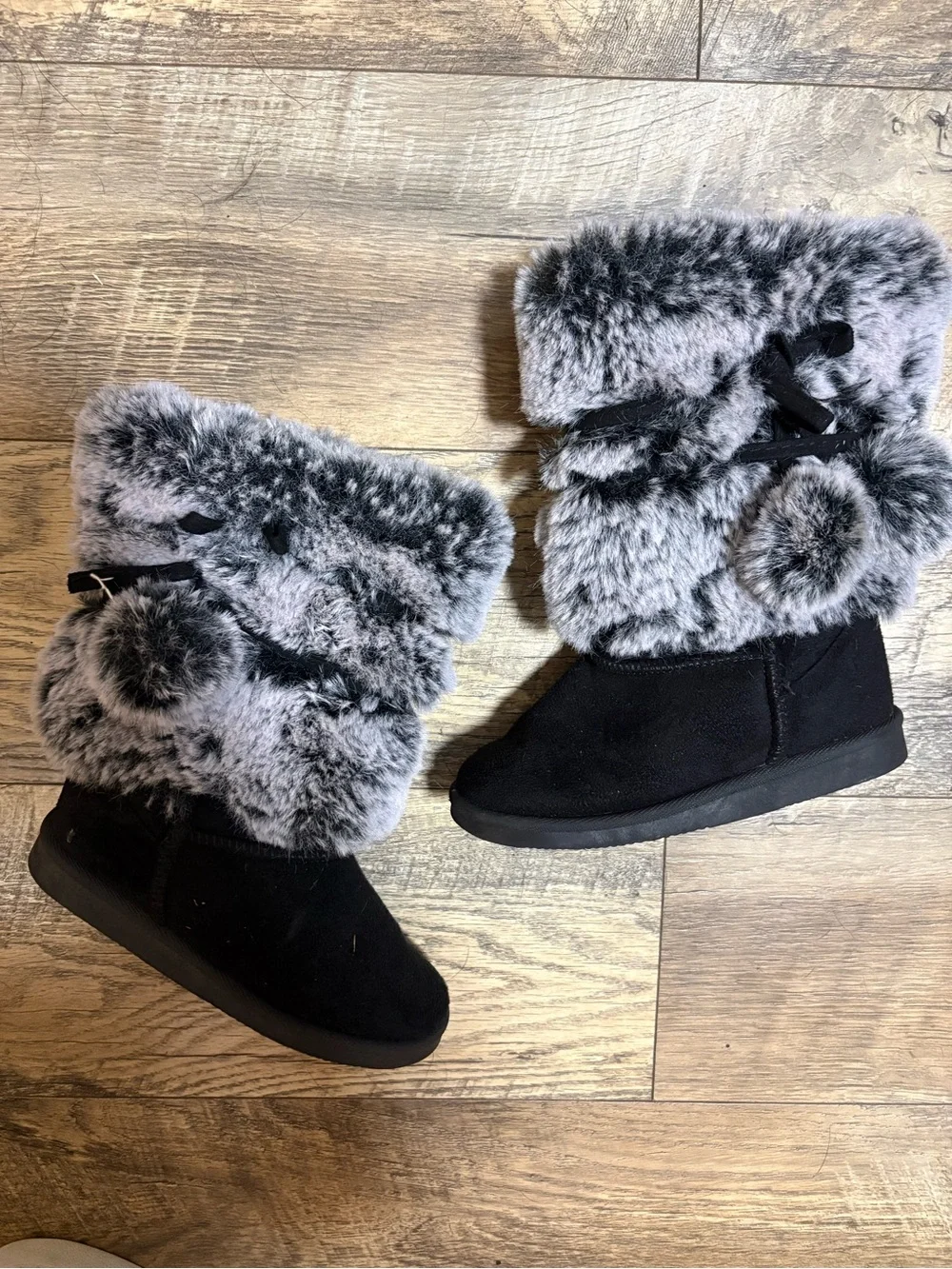 Girls' Black Boots with Gray Faux Fur Cuff and Pom-Poms